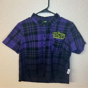 Her Universe Disney Parks The Haunted Mansion Purple Black Plaid Button Up